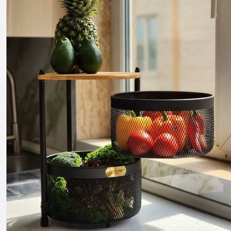 سبد سیب زمینی و پیاز آسمان مدل توری متحرک  2 طبقه چوبی