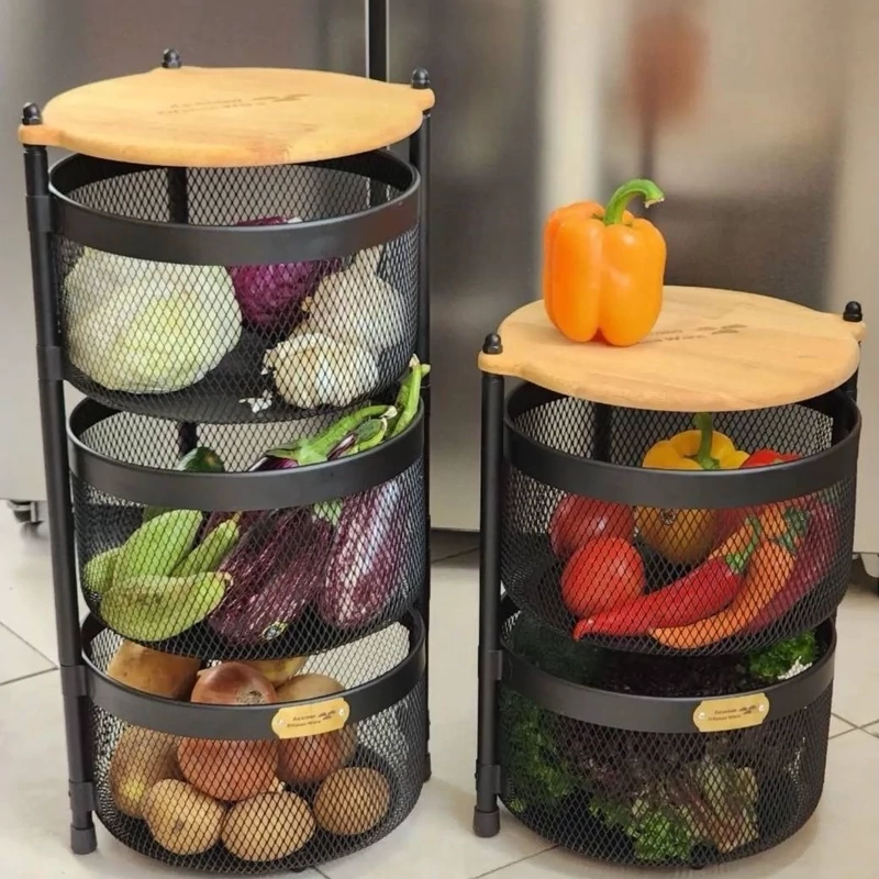 سبد سیب زمینی و پیاز آسمان مدل توری متحرک  3 طبقه چوبی